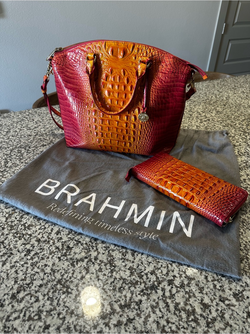 Brahmin Ombre Croc-Embossed Satchel in Red and Orange